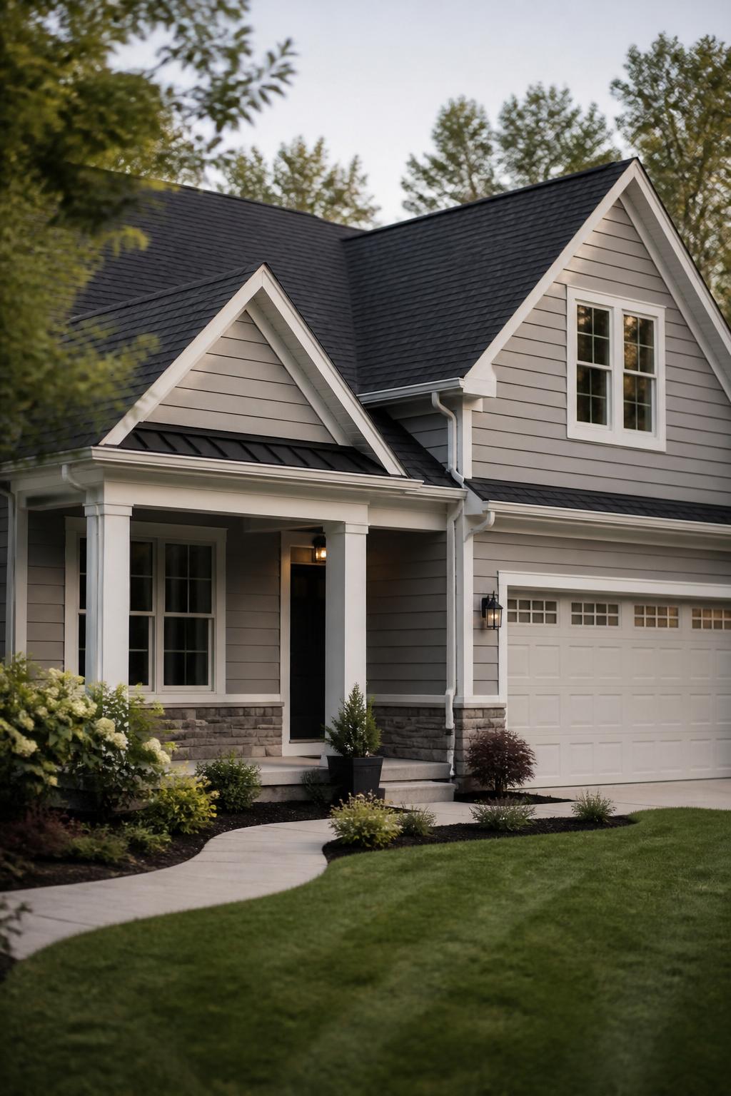 Finished home exterior with updated roof and siding in natural light.