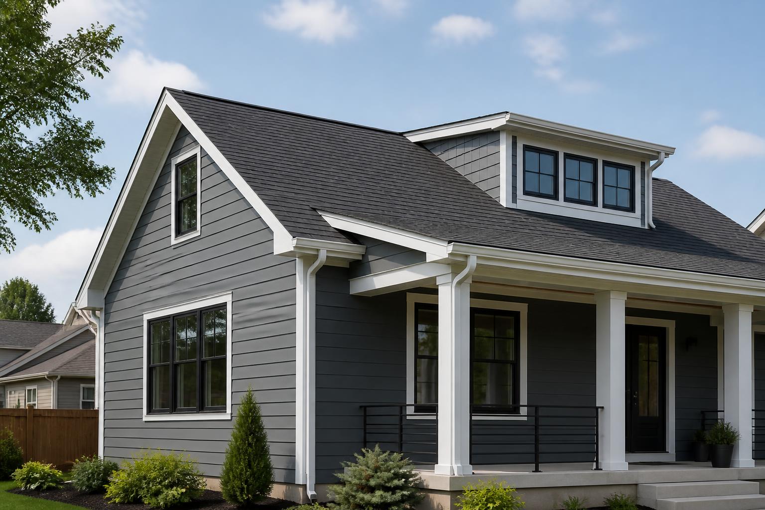 Modern house exterior with new roofing, siding, and gutters in soft daylight.